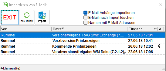 Das Fenster "Importieren von E-Mails"