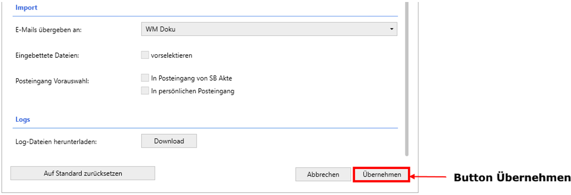 Button Übernehmen im Einstellungen-Fenster