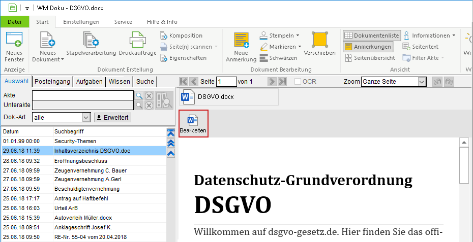 Das Hauptfenster von WM Doku