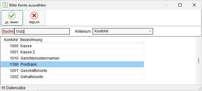 Das Fenster "Bitte Konto auswählen"