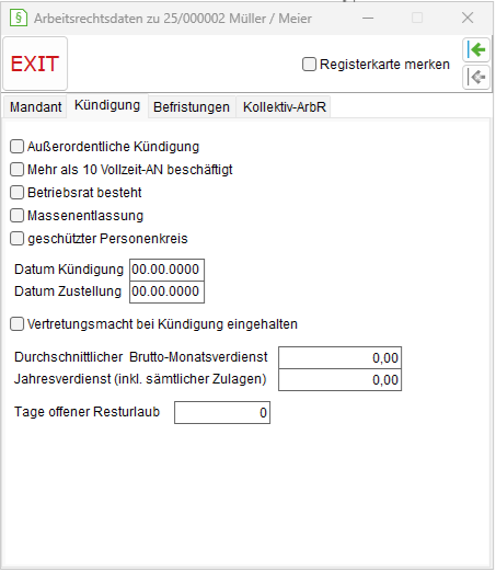 Das Detailsfenster für Arbeitsrecht: die Registerkarte "Kündigung"