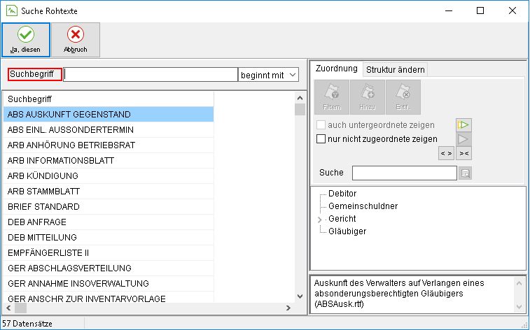 Das Fenster "Suche Rohtext"