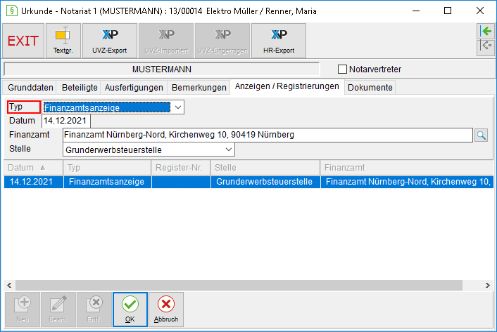 Das Urkunden-Fenster: die Registerkarte "Anzeigen/ Registrierungen"