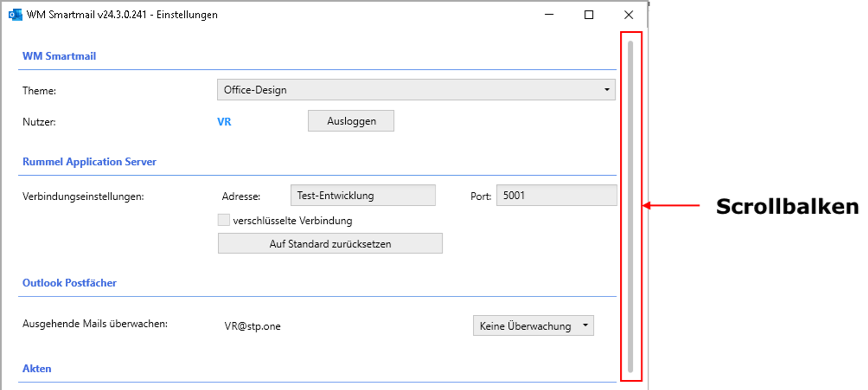 Einstellungen-Fenster mit Scrollbalken