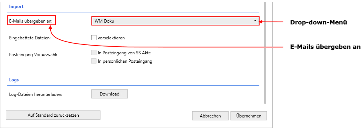 Bereich "Import" im Einstellungen-Fenster