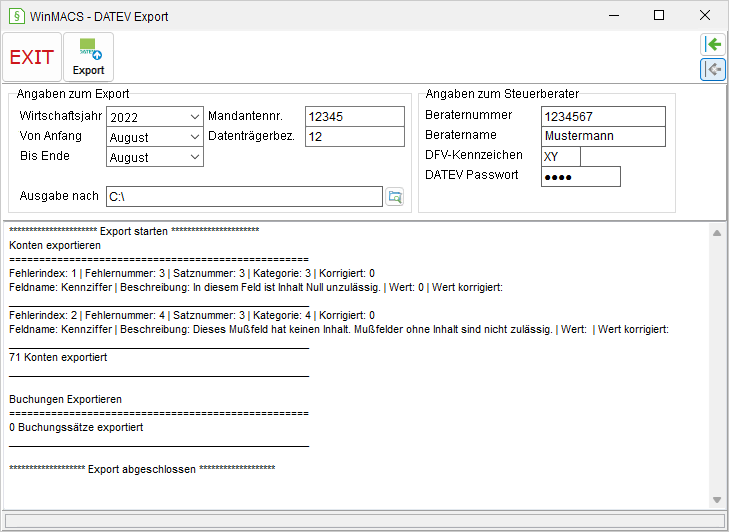 Das Fenster "Winmacs – DATEV Export"