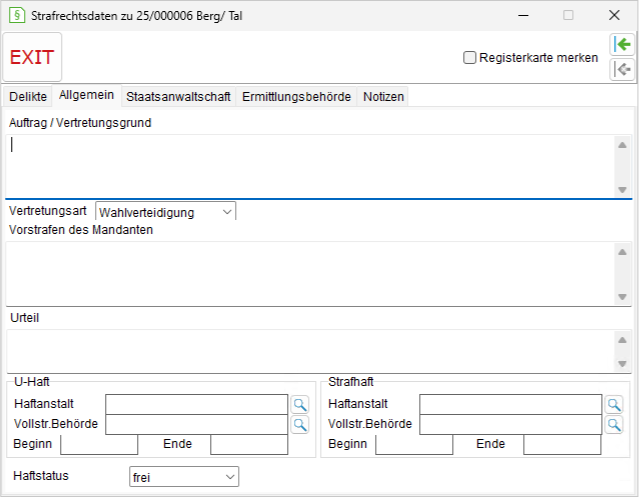 Das Detailsfenster für Strafrecht: die Registerkarte "Allgemein"