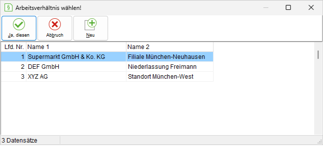 Das Fenster "Arbeitsverhältnis wählen!"