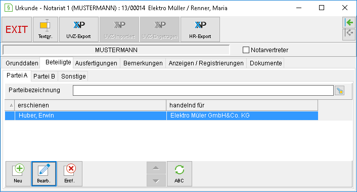 Das Urkunden-Fenster: die Registerkarte "Beteiligte", das Unterregister "Partei A"