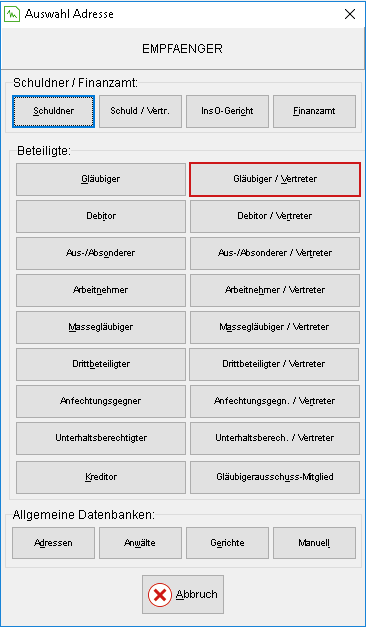 Das Fenster "Auswahl Adresse"
