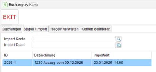 Das Fenster "Buchungsassistent": die Registerkarte "Stapel / Import"