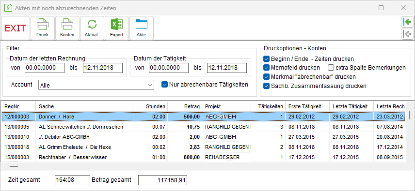 Das Fenster "Akten mit noch abzurechnenden Zeiten"
