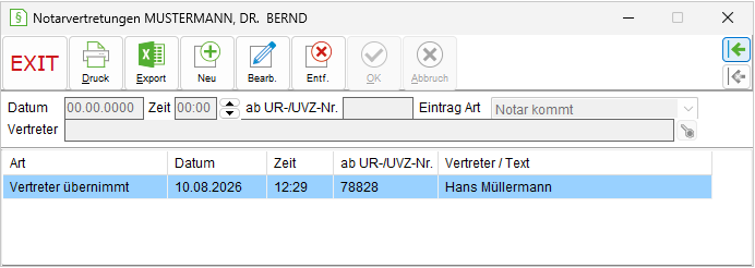 Das Fenster "Notarvertretungen"