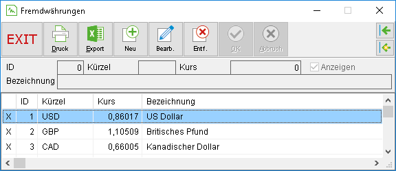 Das Fenster "Fremdwährungen"
