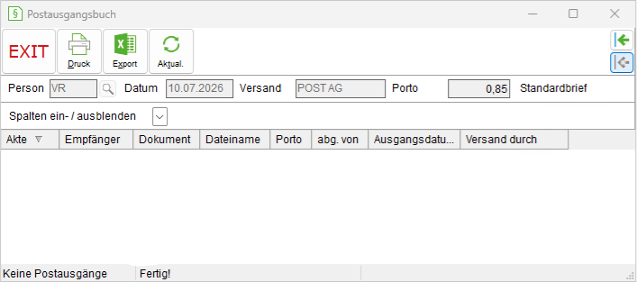 Das Fenster "Postausgangsbuch"