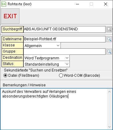 Das Fenster zum Verwalten von Rohtexten