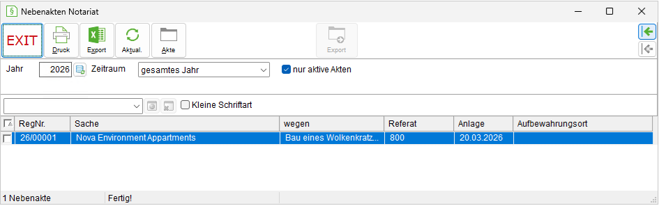 Das Fenster "Nebenakten"