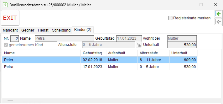 Das Detailsfenster für Familiensachen: die Registerkarte "Kinder"