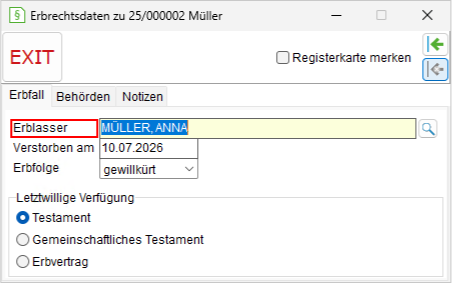 Das Detailsfenster für Erbrecht bzw. Erbrechtdaten: die Registerkarte "Erbfall"