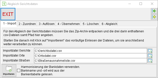 Gerichtsdatenabgleich: 1. Import, ausgefüllte Felder