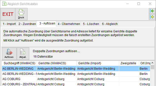 Gerichtsdatenabgleich: 3. Auflösen