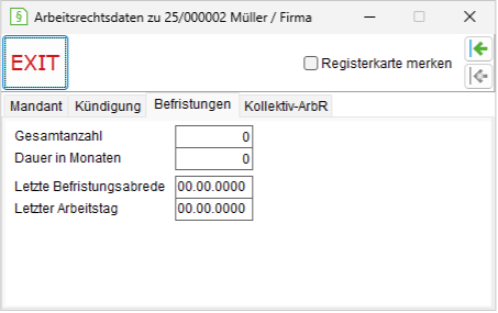 Das Detailsfenster für Arbeitsrecht: die Registerkarte "Befristungen"