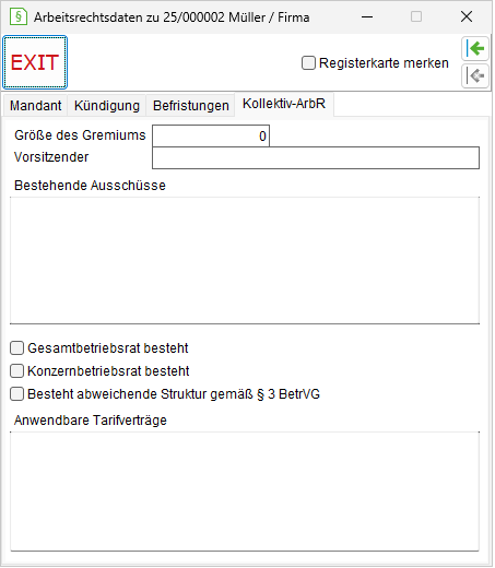 Das Detailsfenster für Arbeitsrecht: die Registerkarte "Kollektiv-ArbR"