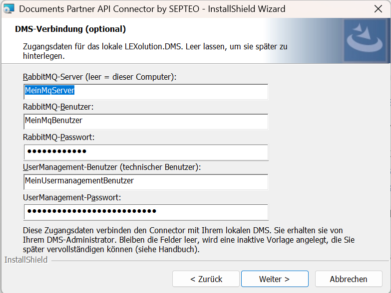 Seite „DMS-Verbindung“ mit RabbitMQ- und UserManagement-Zugangsdaten