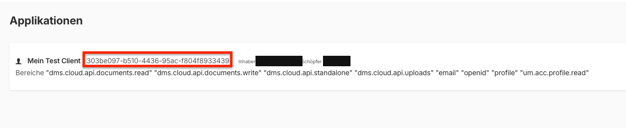 Die angelegte Applikation mit erzeugter Client-Kennung und den vergebenen Bereichen