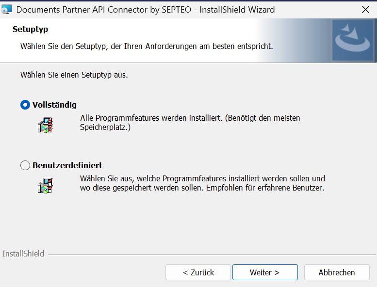 Setuptyp-Seite mit ausgewähltem Eintrag „Vollständig“
