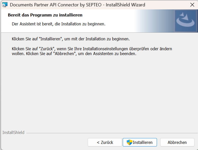 Bestätigungsseite „Bereit das Programm zu installieren“