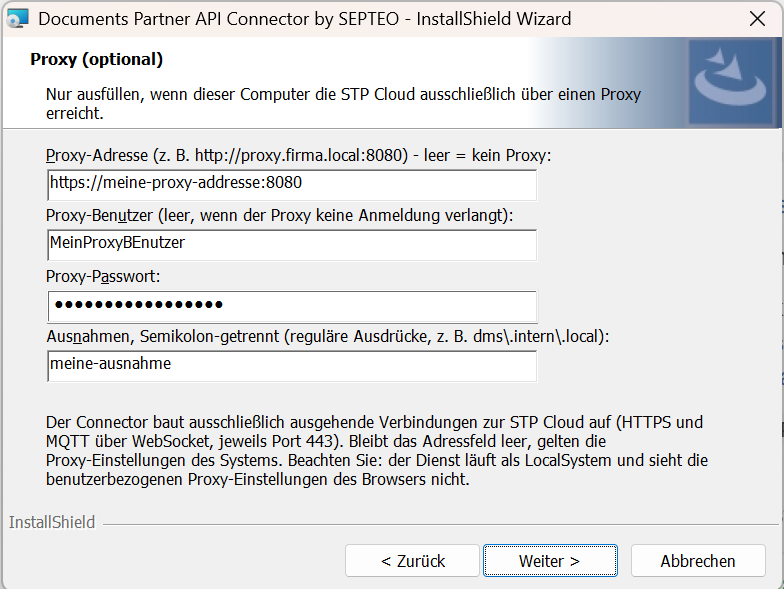 Proxy-Seite mit Adresse, Benutzer, Kennwort und Ausnahmeliste
