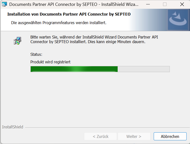 Installationsfortschritt, Status „Produkt wird registriert“