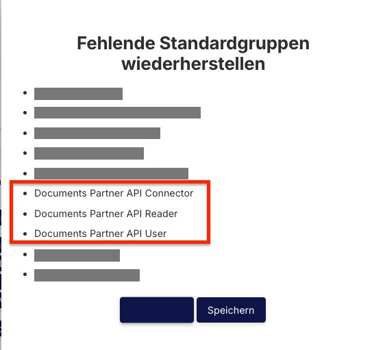 Der Dialog mit der Liste der fehlenden Standardgruppen