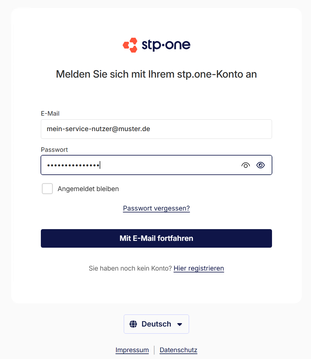 Anmeldeseite mit Feldern für E-Mail und Passwort