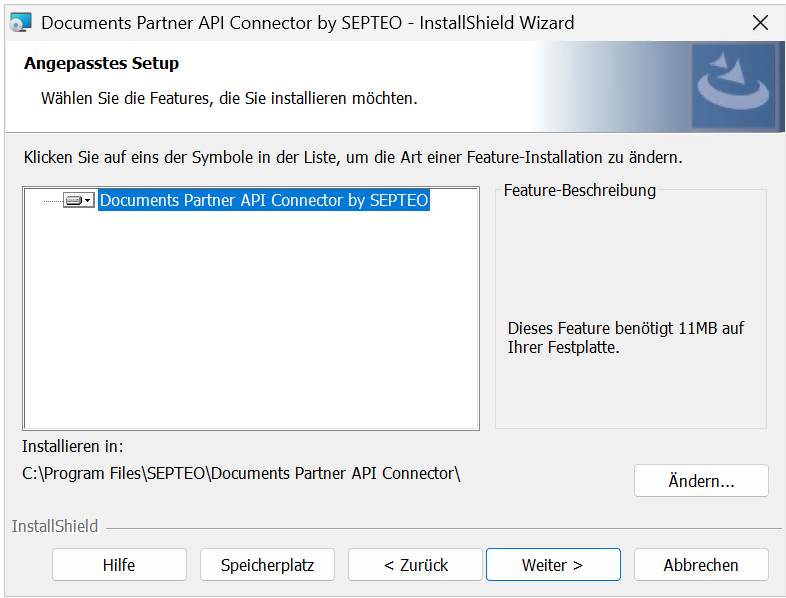 Seite „Angepasstes Setup“ mit der einzigen Komponente und dem Installationsverzeichnis