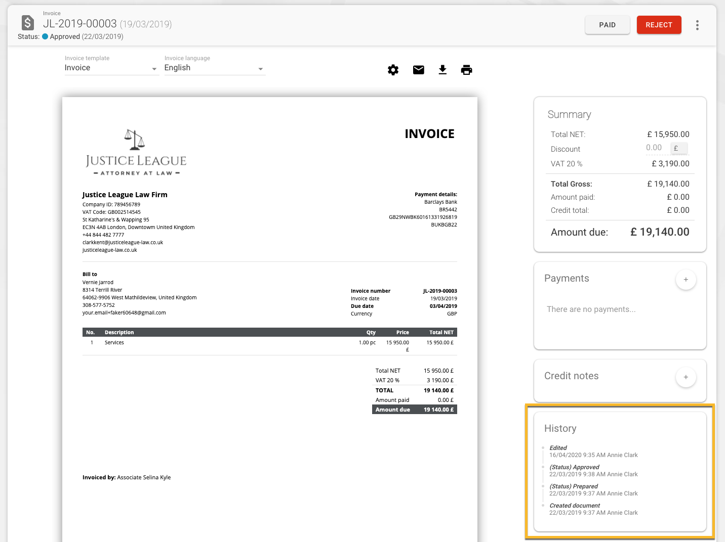 Invoice history