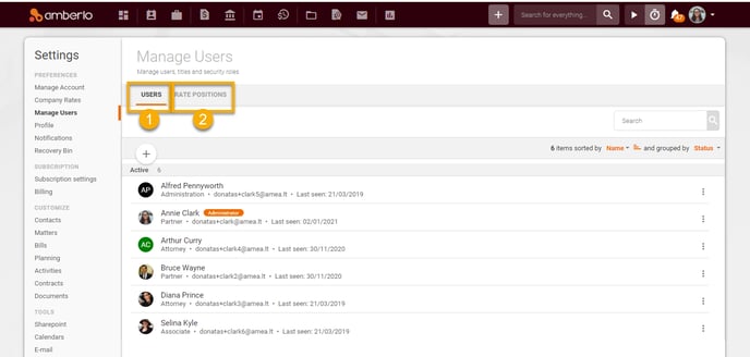 Users section in Amberlo settings