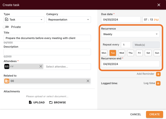 create task event recuring