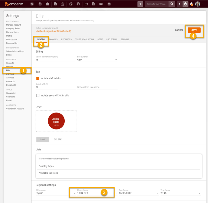 How to set default Money format for Bills1