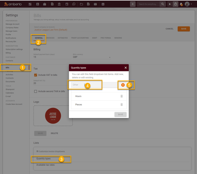How to set, change or remove Quantity types for Bills1