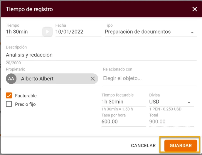 Tiempo de registro