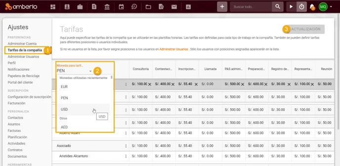 Change currency rate ES