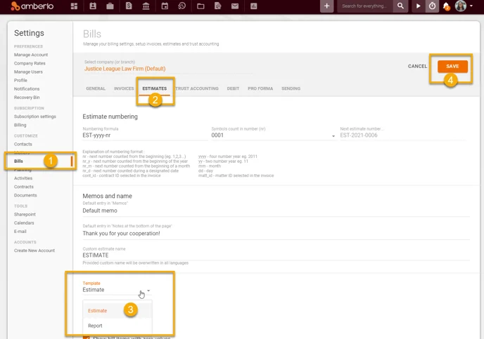 How to set default Estimate Template1