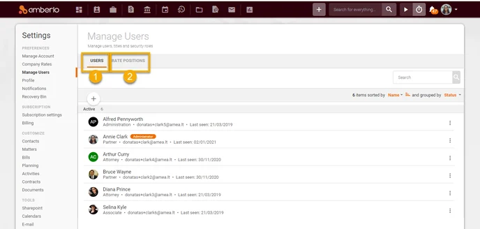 Users section in Amberlo settings