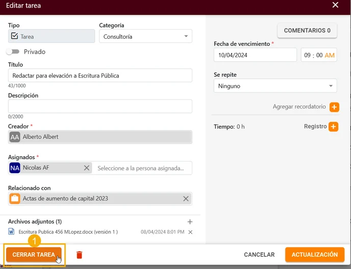 Puede ser obligatorio registrar una hora o tiempos para cerrar Tareas o Eventos_2
