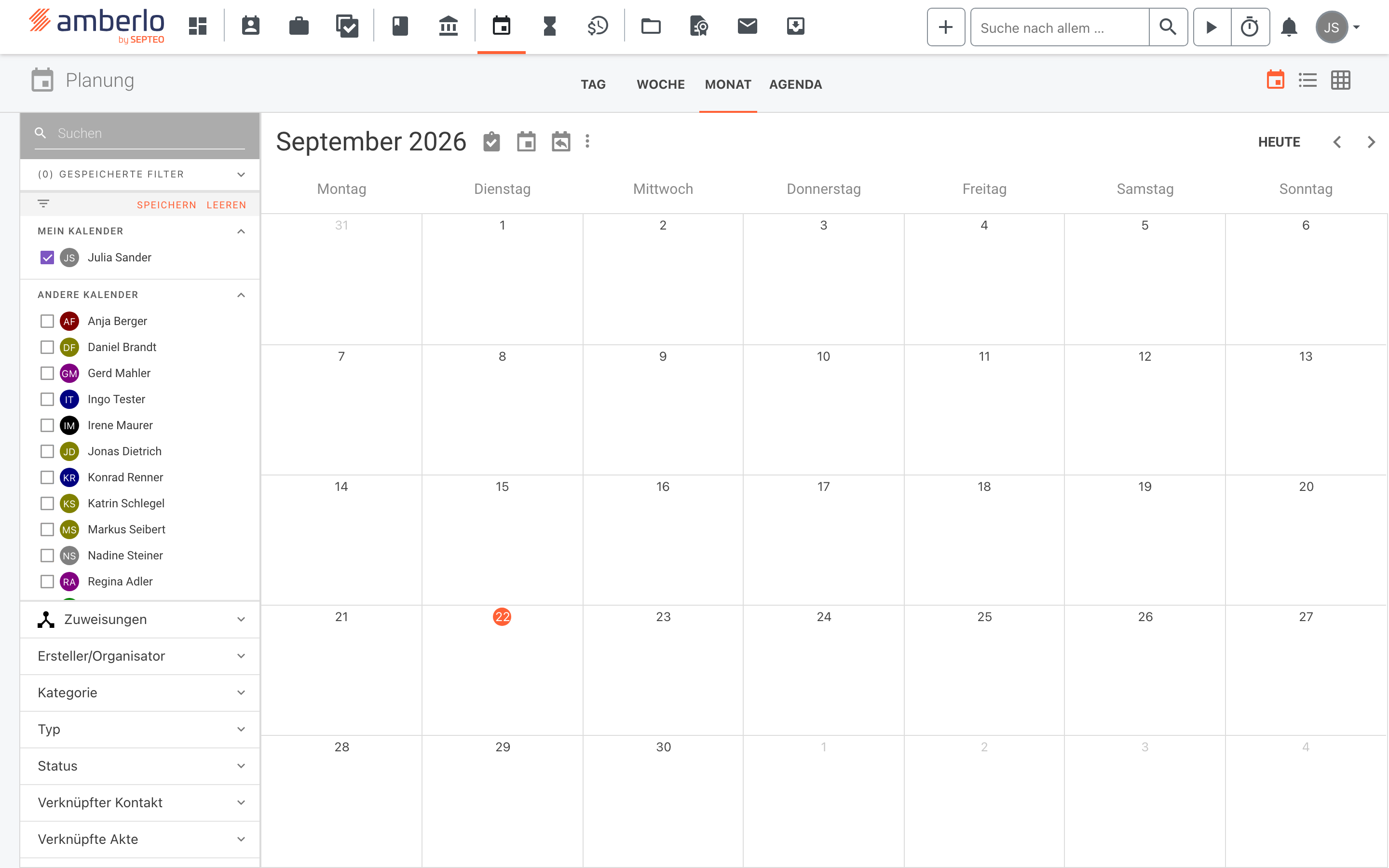 Das Modul Planung in der Monatsansicht: oben die Ansichten TAG, WOCHE, MONAT und AGENDA, rechts oben die Umschalter für Kalender-, Listen- und Tabellenansicht, links die Filterspalte mit MEIN KALENDER und ANDERE KALENDER. Neben dem Monatsnamen September 2026 stehen die Symbole zum Anlegen von Aufgabe, Termin und Wiedervorlage.