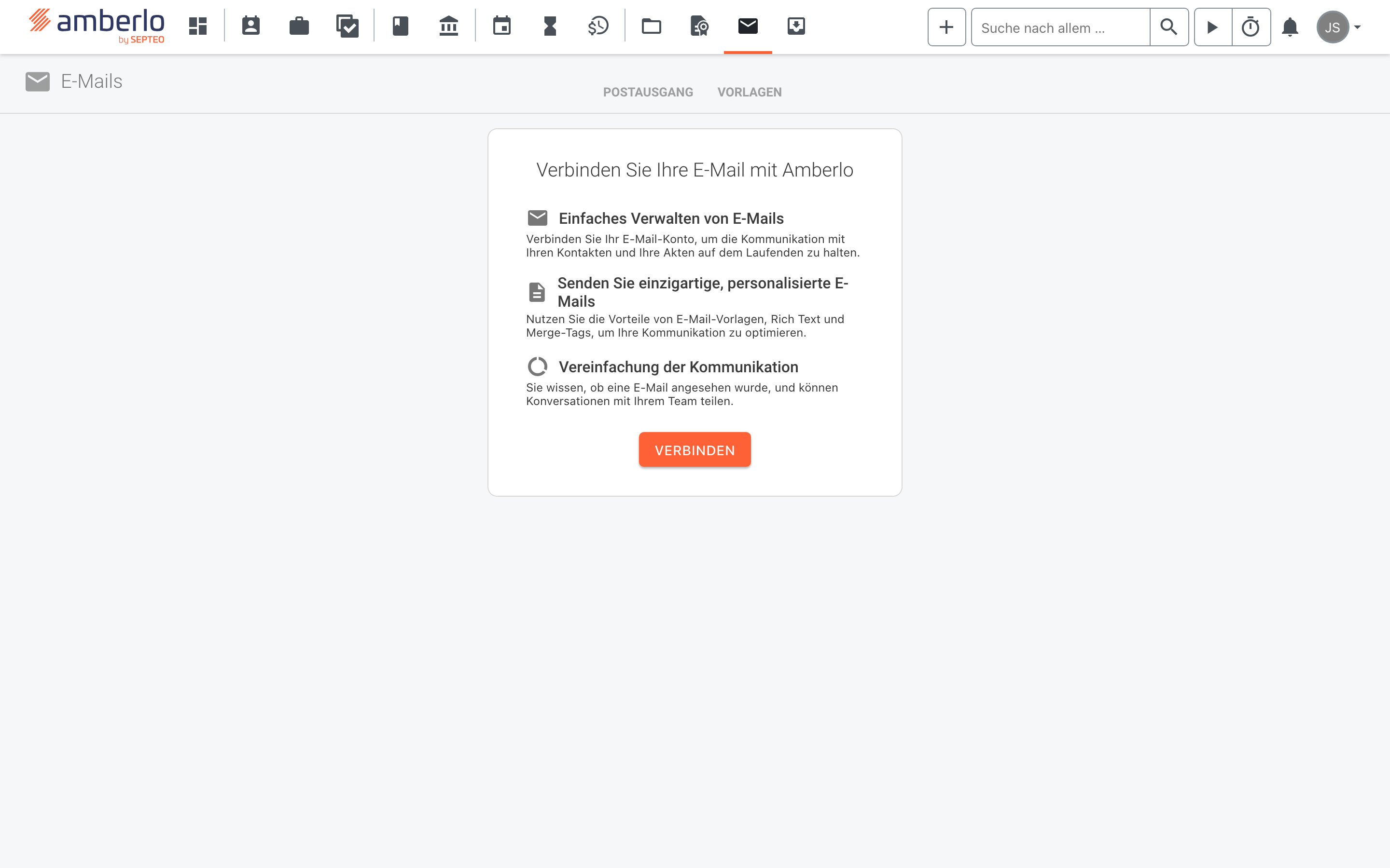 Der Bereich E-Mails in Amberlo. In der Symbolleiste oben ist das Briefumschlagsymbol orange markiert, links darunter steht die Überschrift E-Mails, in der Mitte stehen die Register Postausgang und Vorlagen. Da in diesem Konto noch kein Postfach verbunden ist, zeigt die Seite die Karte Verbinden Sie Ihre E-Mail mit Amberlo mit der orangen Schaltfläche Verbinden.