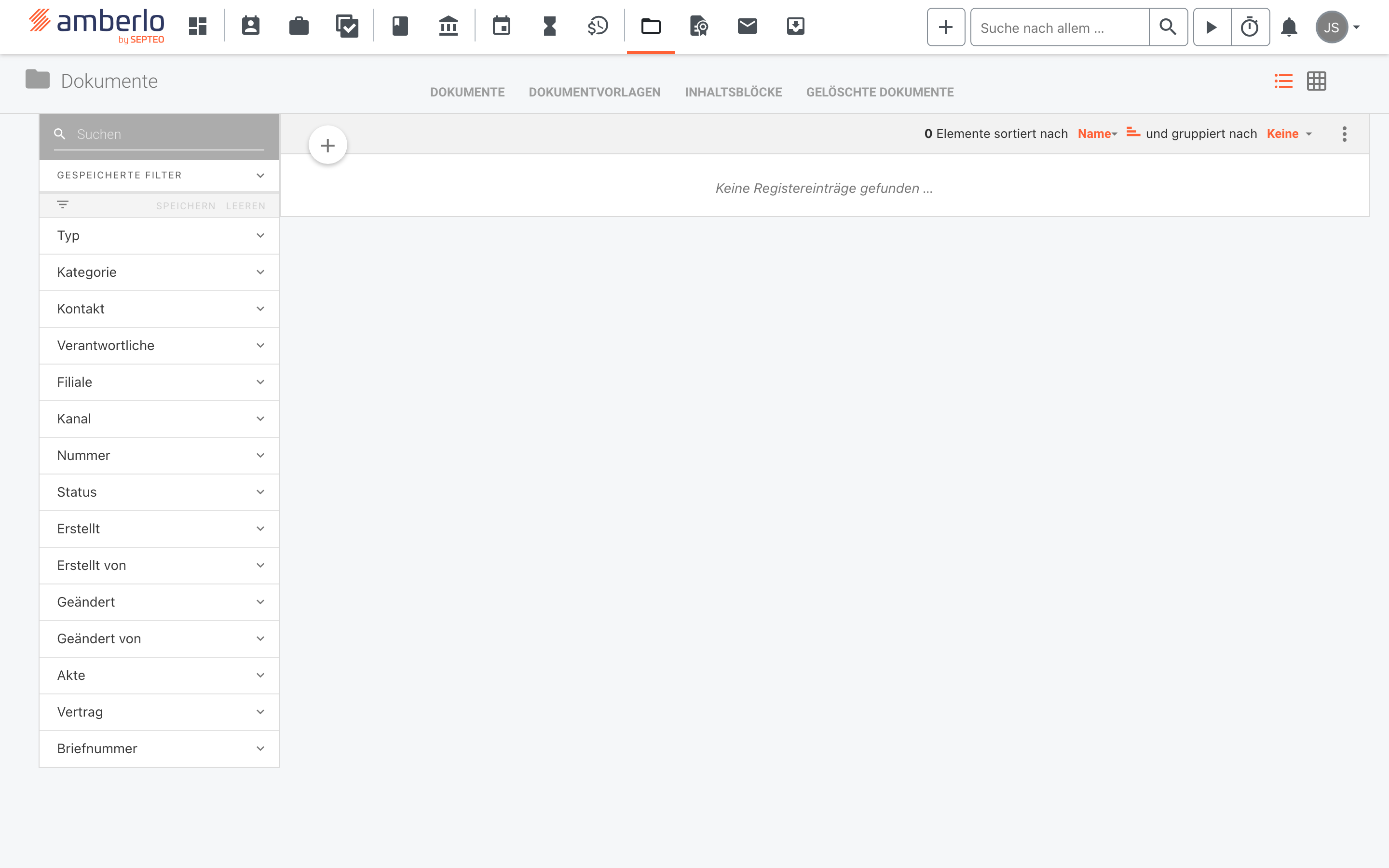 Der Bereich Dokumente in Amberlo mit der Registerliste. Links steht die Filterspalte mit den Filtern Typ, Kategorie, Kontakt, Verantwortliche, Filiale, Kanal, Nummer, Status, Erstellt, Erstellt von, Geändert, Geändert von, Akte, Vertrag und Briefnummer. Rechts daneben die noch leere Liste mit der runden Plus-Schaltfläche oben links und dem Hinweis Keine Registereinträge gefunden.