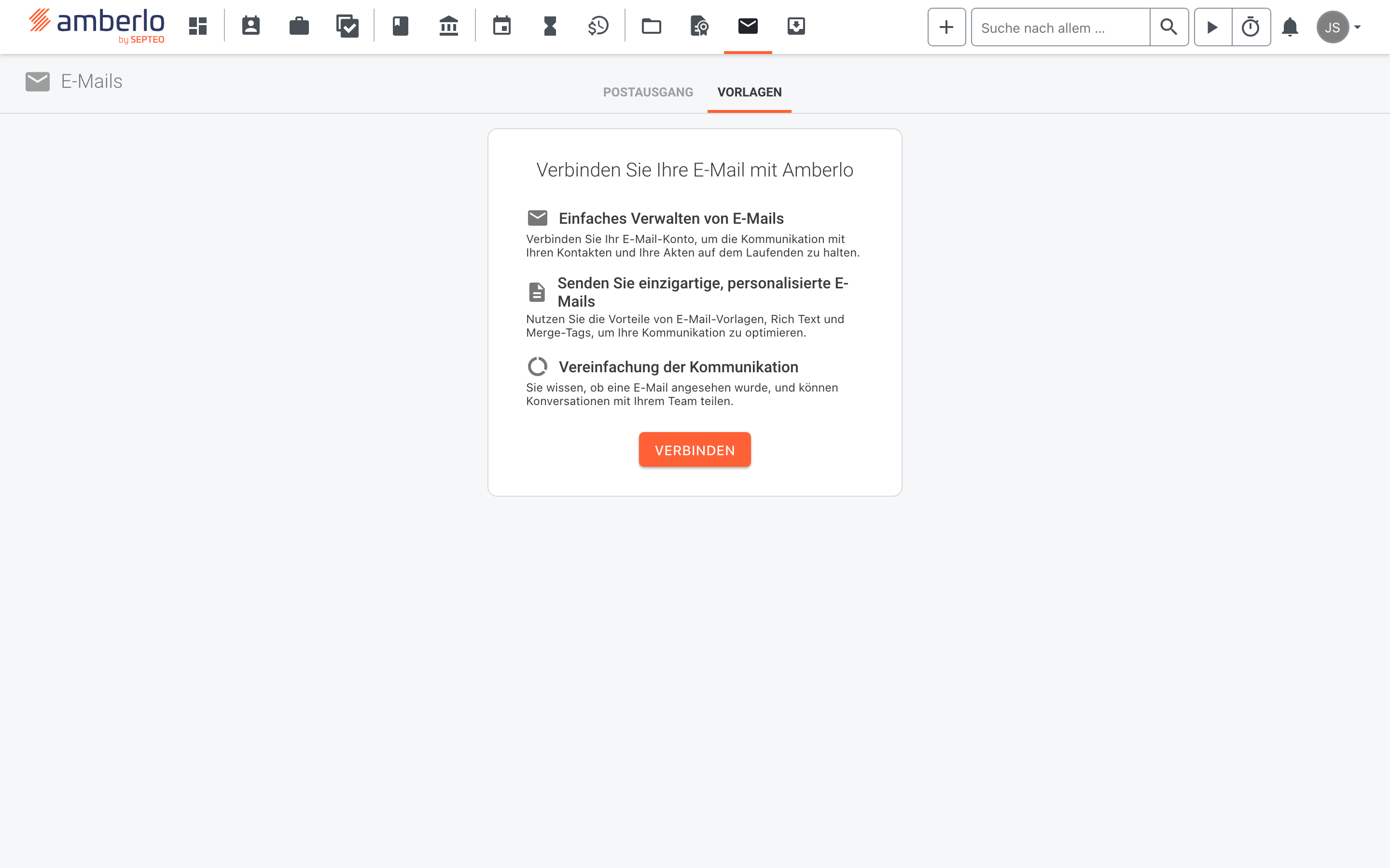 Das Modul E-Mails in Amberlo mit dem geöffneten Reiter VORLAGEN; ohne verbundenes Postfach erscheint die Karte Verbinden Sie Ihre E-Mail mit Amberlo mit der Schaltfläche VERBINDEN